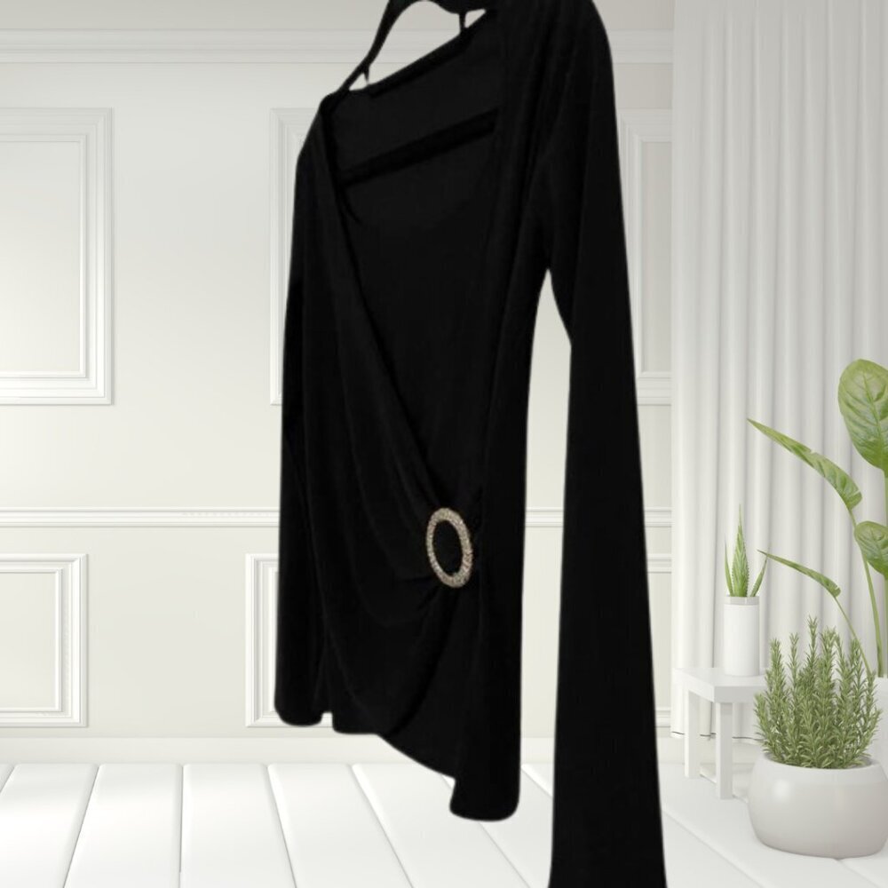 Black Long Sleeve Wrap Top with Decorative Hoop – Size S, Partial Cami Insert - Picture 5 of 10